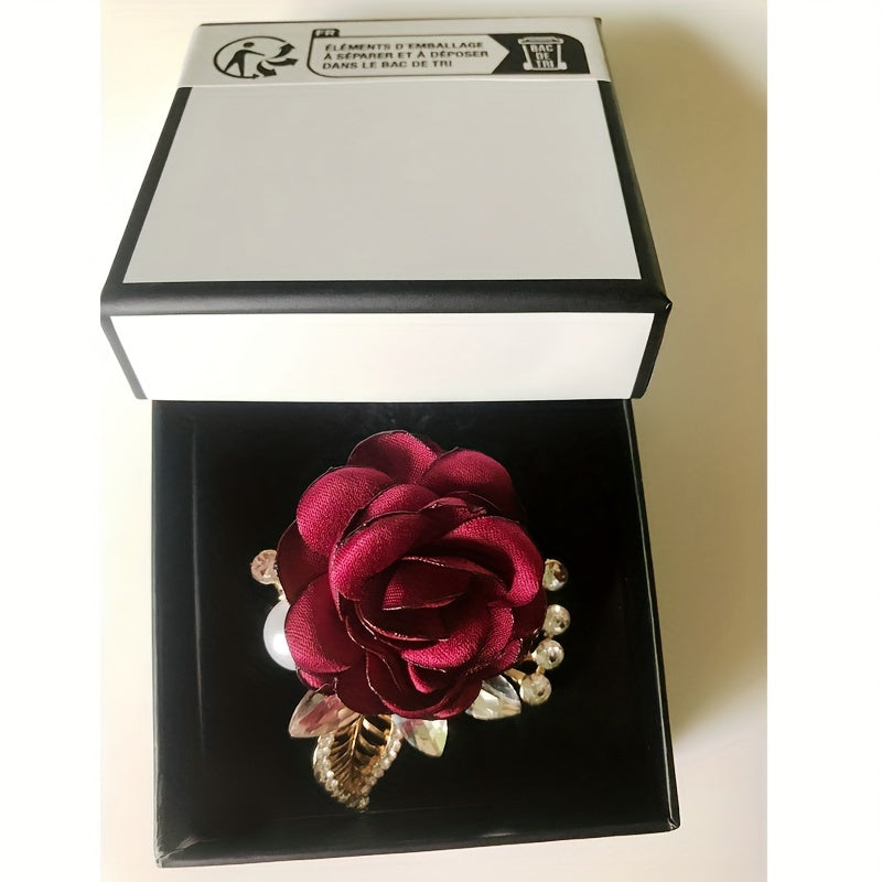 Metal Flower Brooch Pin with Rhinestones and Pearl Details Red and Grey Rose Design Gift Box Fashion Accessory