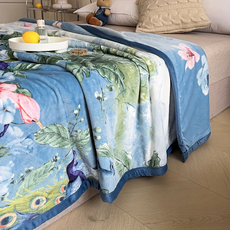 Luxurious Peacock and Floral Coral Fleece Throw Blanket Thick Milk Velvet Cozy Nap Office Use Year-Round Warmth