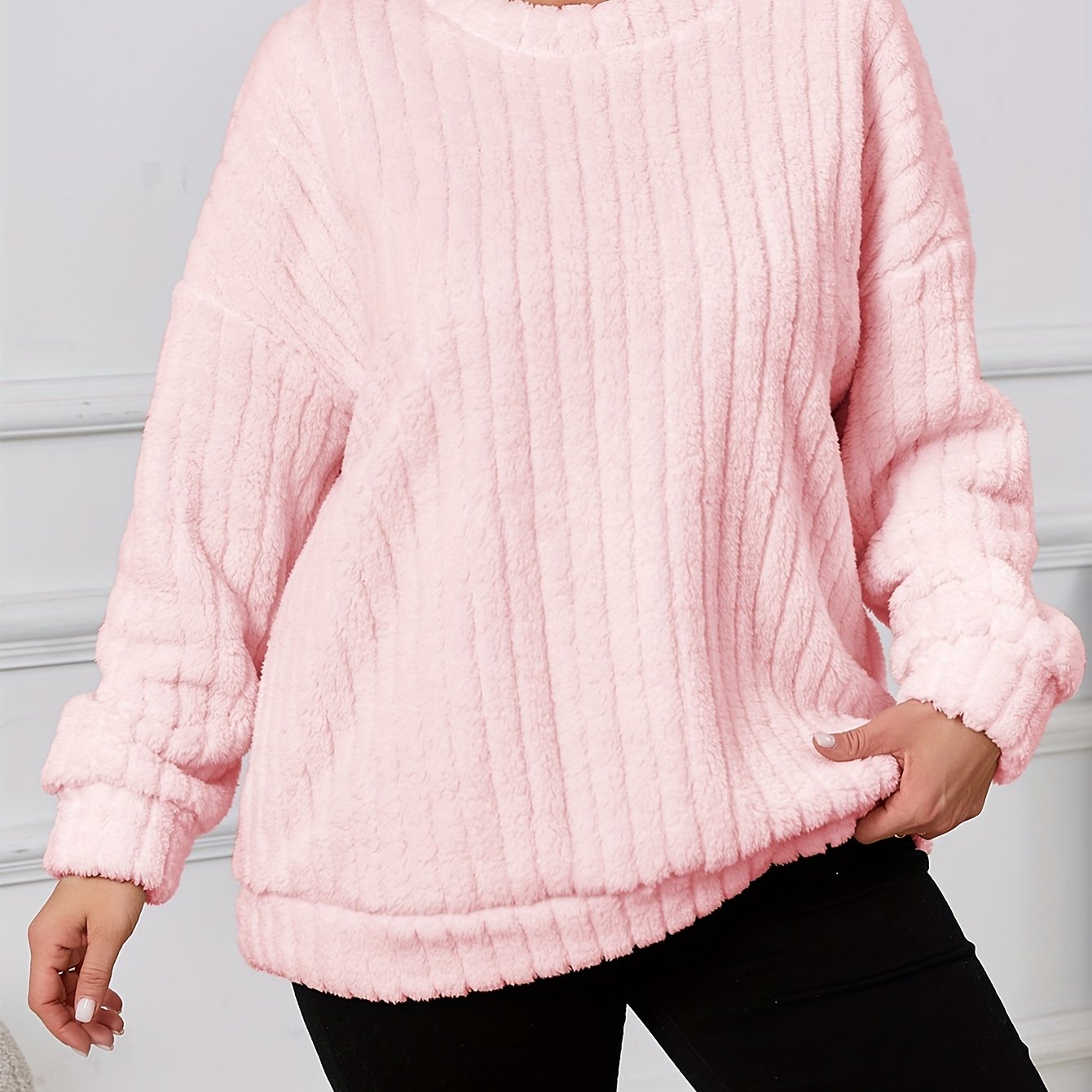 Ayollar uchun katta o'lchamli fleece pullover svitshot polyester kruv neck bir xillik rang issiq kundalik