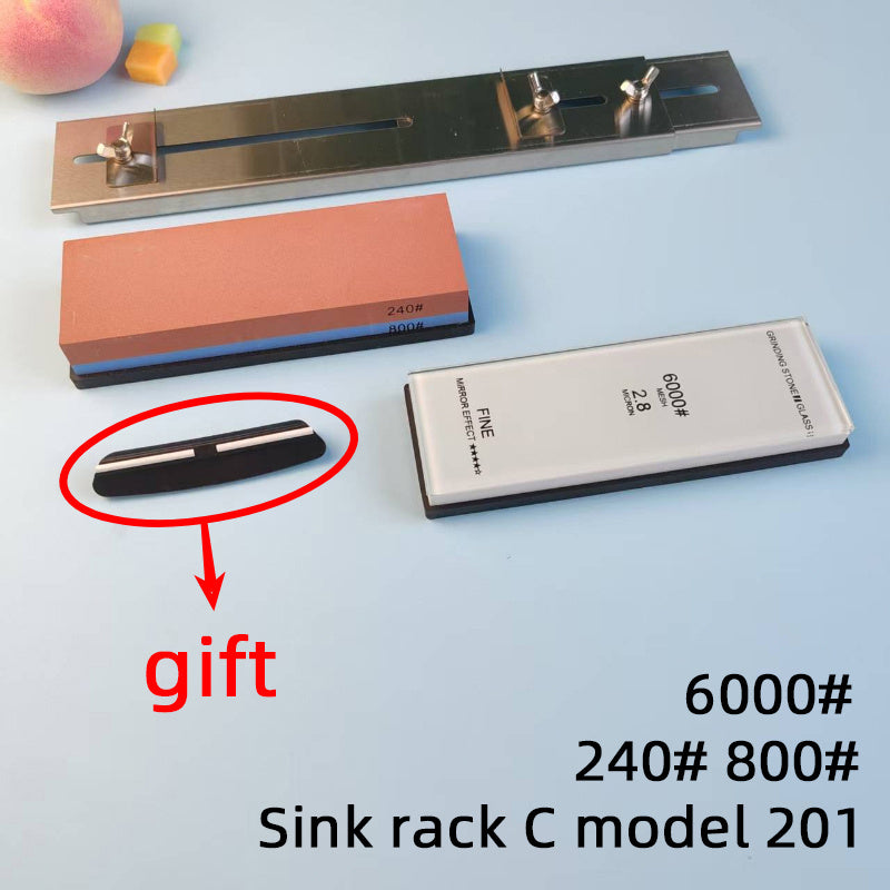 Stainless steel sink-mounted sharpening rack with adjustable bracket and glass oilstone