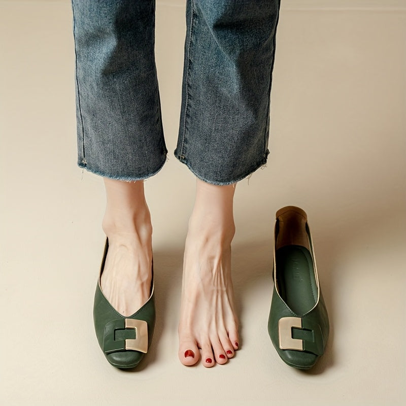 Women's Black Chunky Heel Pumps with Metallic Buckle Square Toe Work Shoes