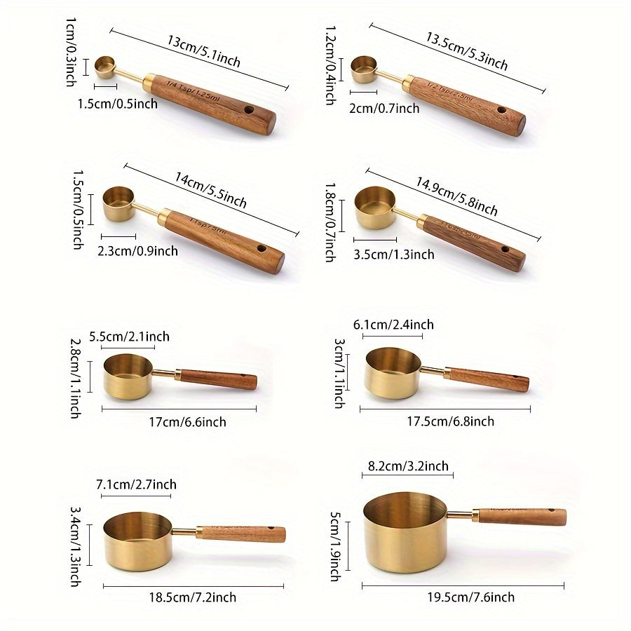 Set of 4 Stainless Steel Measuring Cups and Spoons with Wooden Handles
