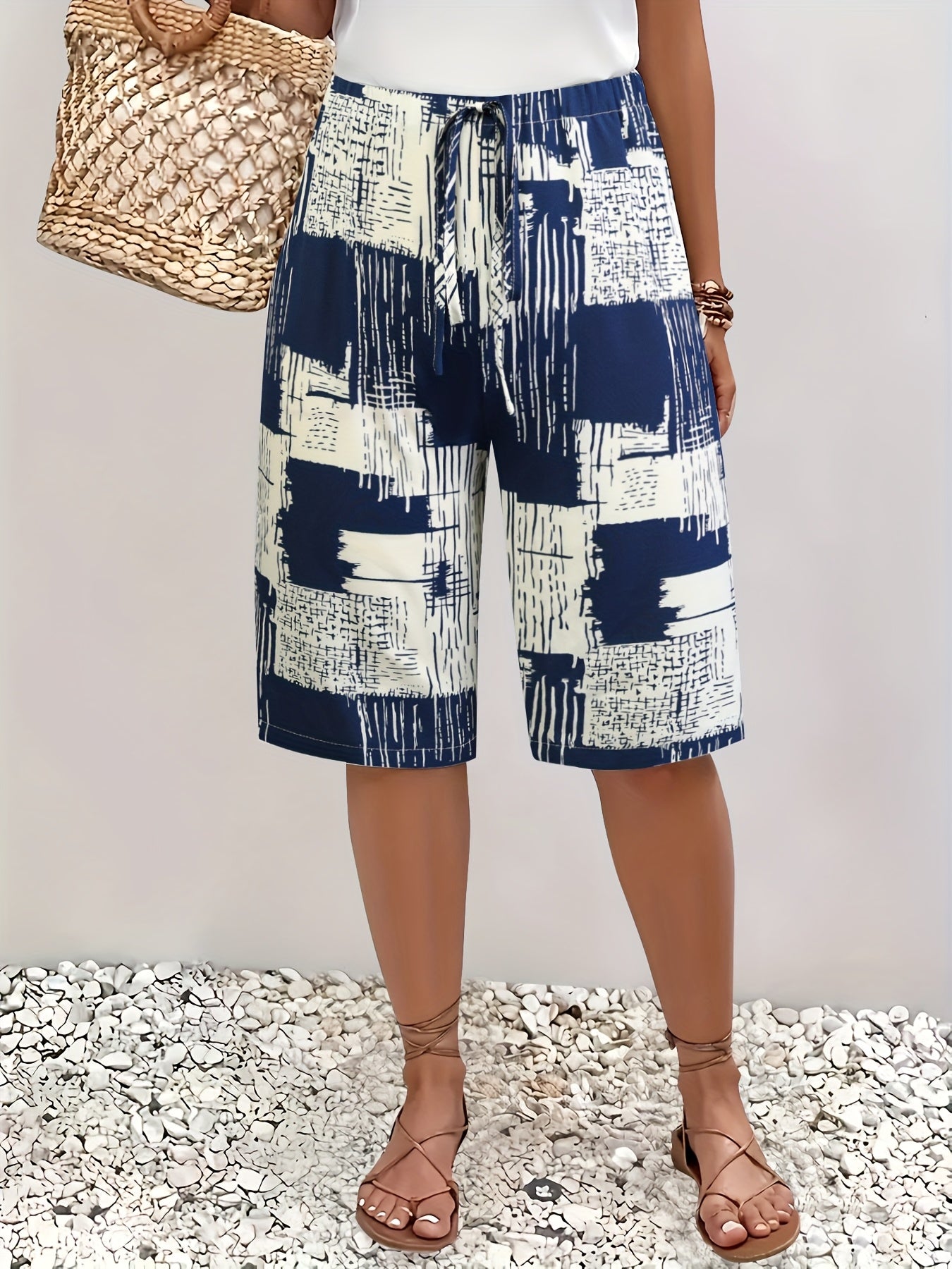Шорты для женщин больших размеров с абстрактным принтом морской волны и белым цветом, повседневные, с шнурком