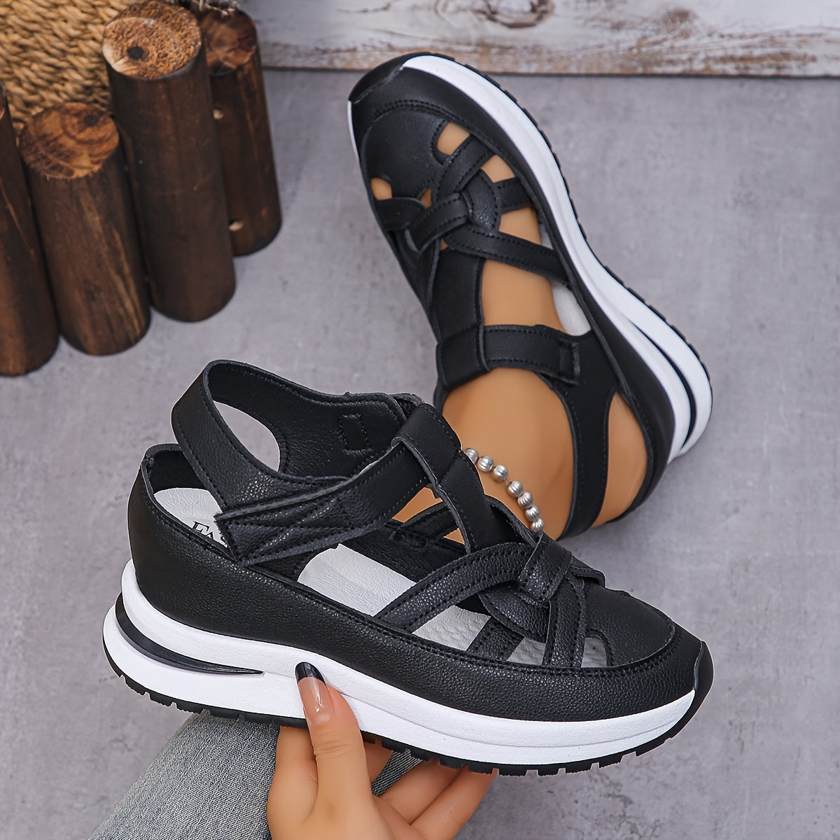 Women's Solid Color Platform Sneakers with Rubber Outsole and Magic Tape Closure