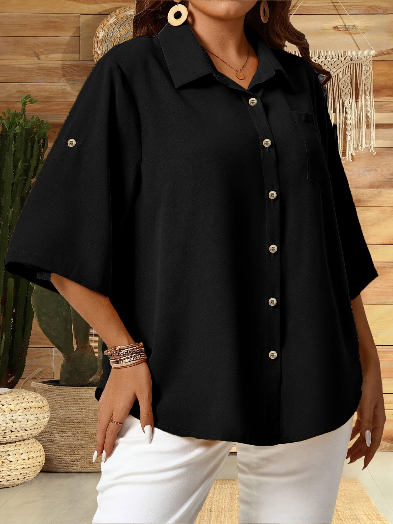 Women's Plus Size Black V-Neck Short Sleeve Button Shirt Casual Summer Blouse