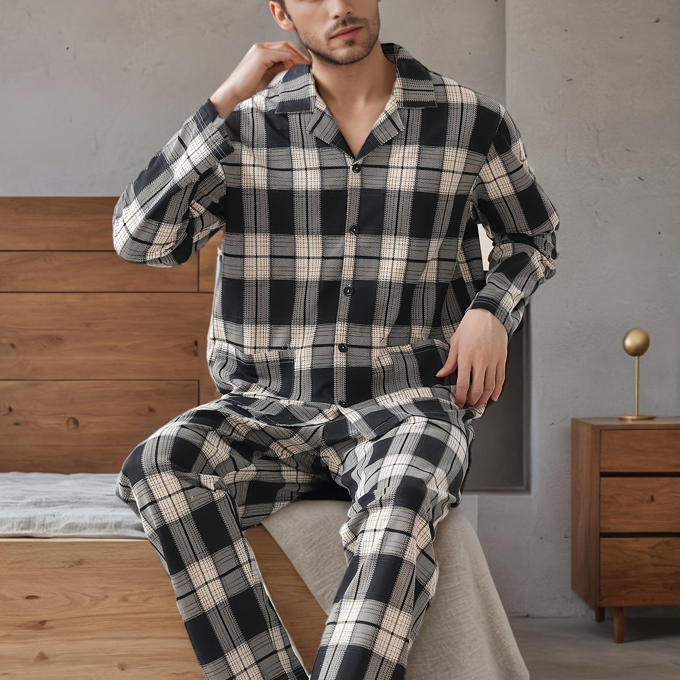 Men's Plaid Pajama Set Long Sleeve Lapel Collar Casual Spring Fall Polyester Elastane