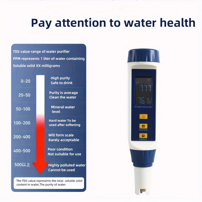 5-в-1 тестер качества воды ручка pH TDS EC Temp Salinity промышленный большой яркий экран
