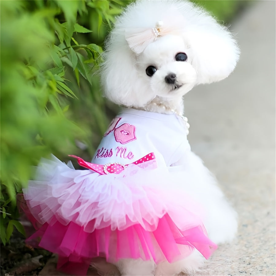 Pink and Blue Heart Lips Tulle Dog Dress for Small Breeds in Spring Summer Fall