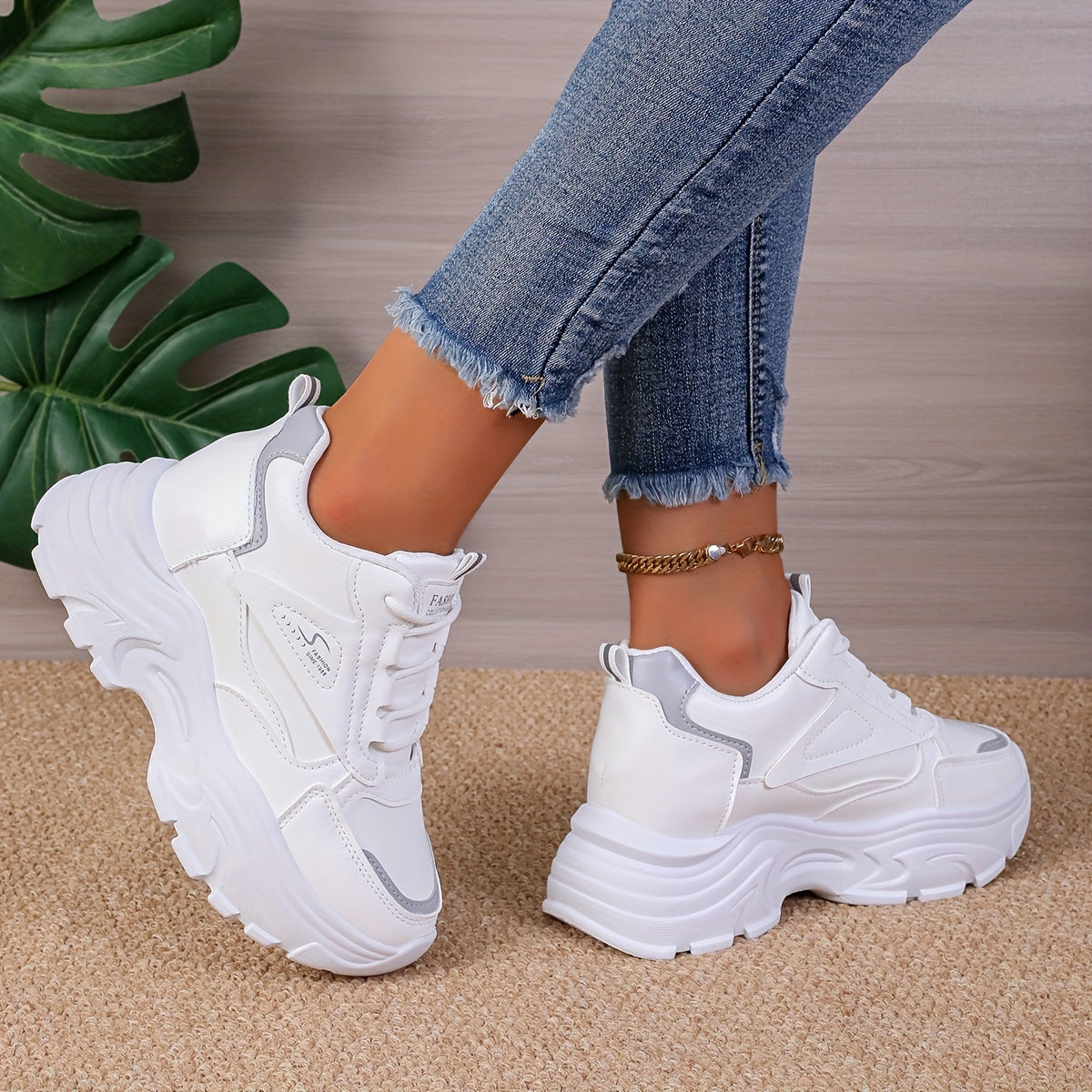 Women's Chunky Sneakers with Wedge Heel Casual Lace-Up Low Top Rubber Sole