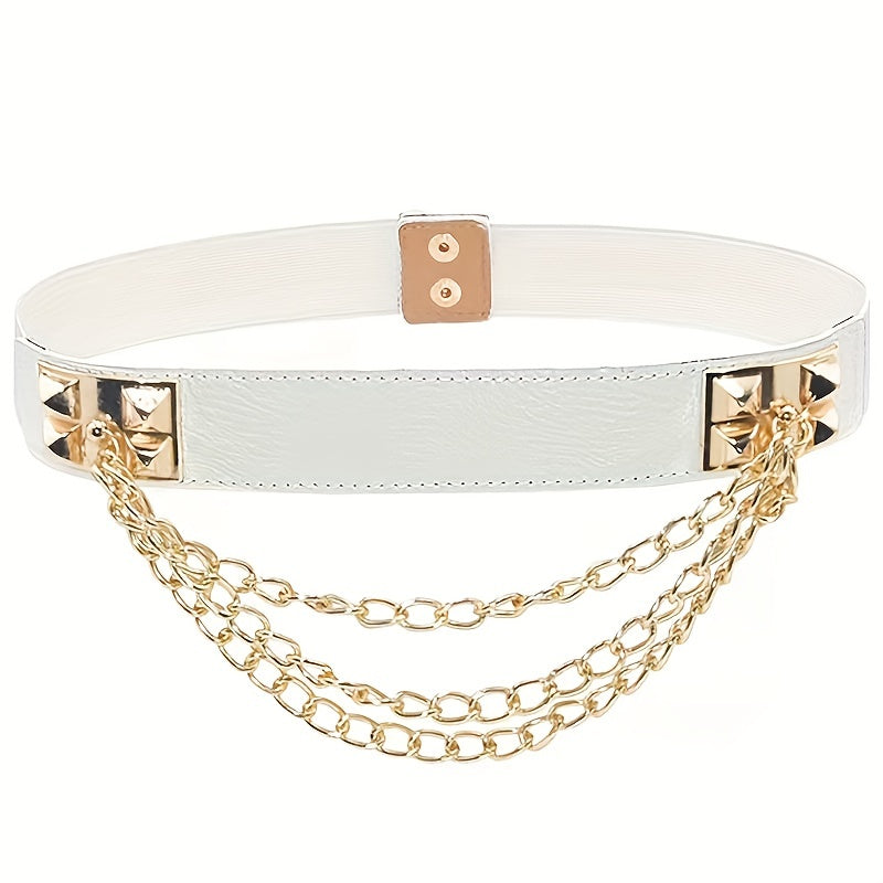 Elastic Waistband Belt with Punk Chain Fringe for Women's Dresses Solid Color Body Jewelry