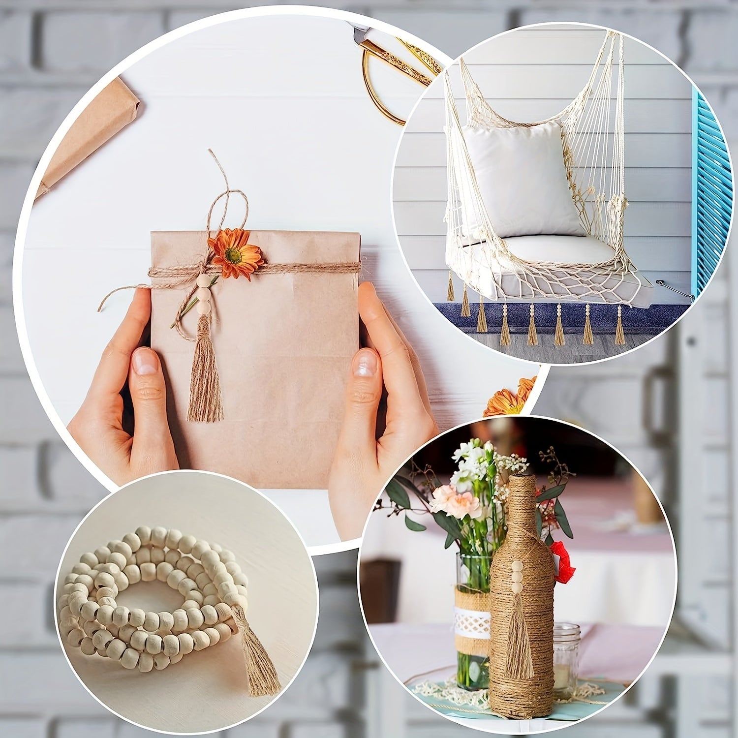 Set of 10 Natural Jute Rope Tassels with Wooden Beads for DIY Decor and Garlands