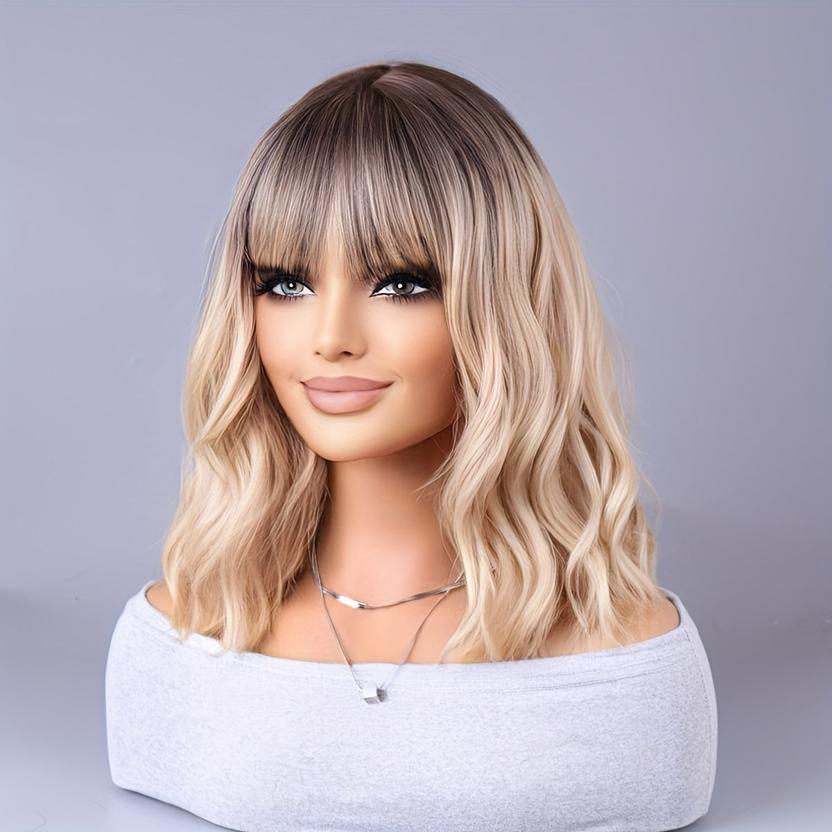 Women Long Curly Ombre European Style Heat-Resistant Wig with Center Part and Rose Net Cap