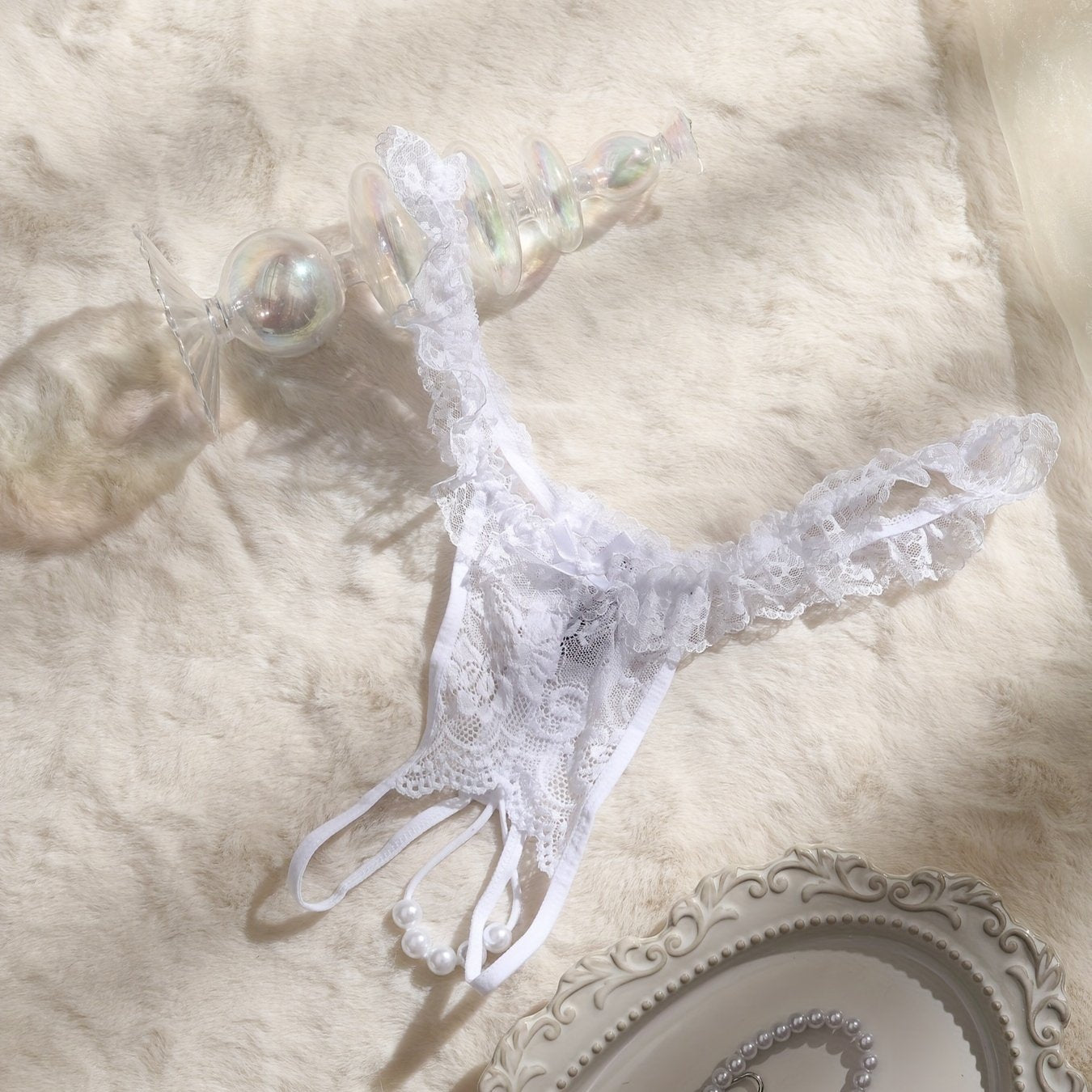 Lingerie Ruffled Lace Thong with Beads for Women