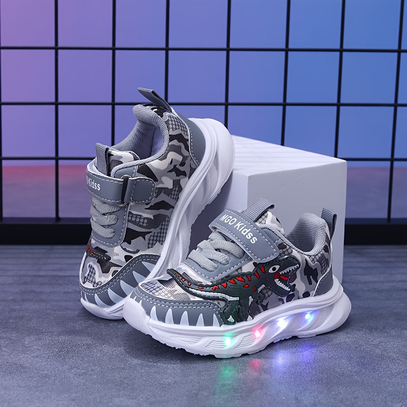 Kids' LED Dinosaur Sneakers Boys Girls Flashing T-Rex Casual Shoes with Hook-and-Loop Fastener