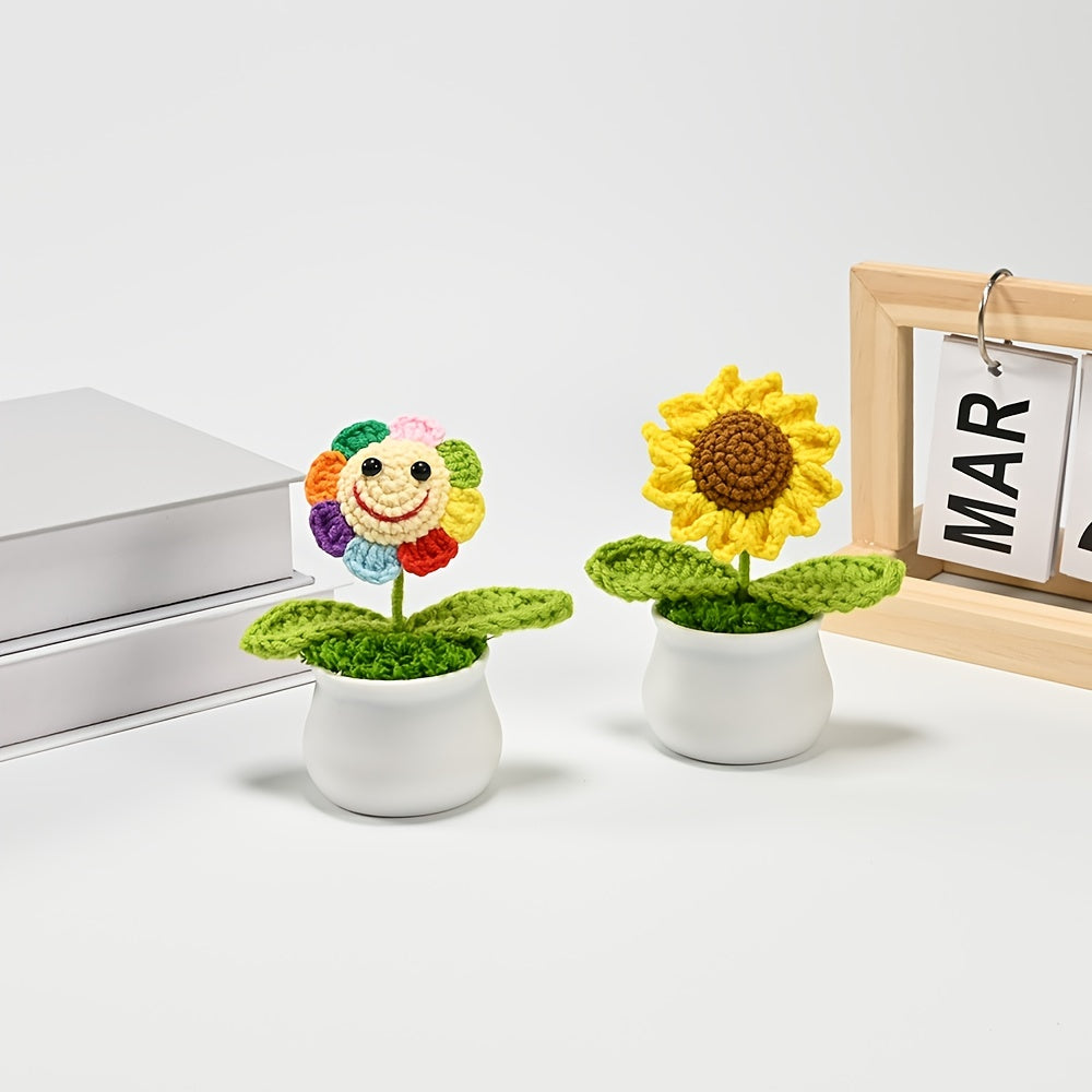 Crochet Sunflower Bonsai Decor with Smiling Face for Home Office Gift