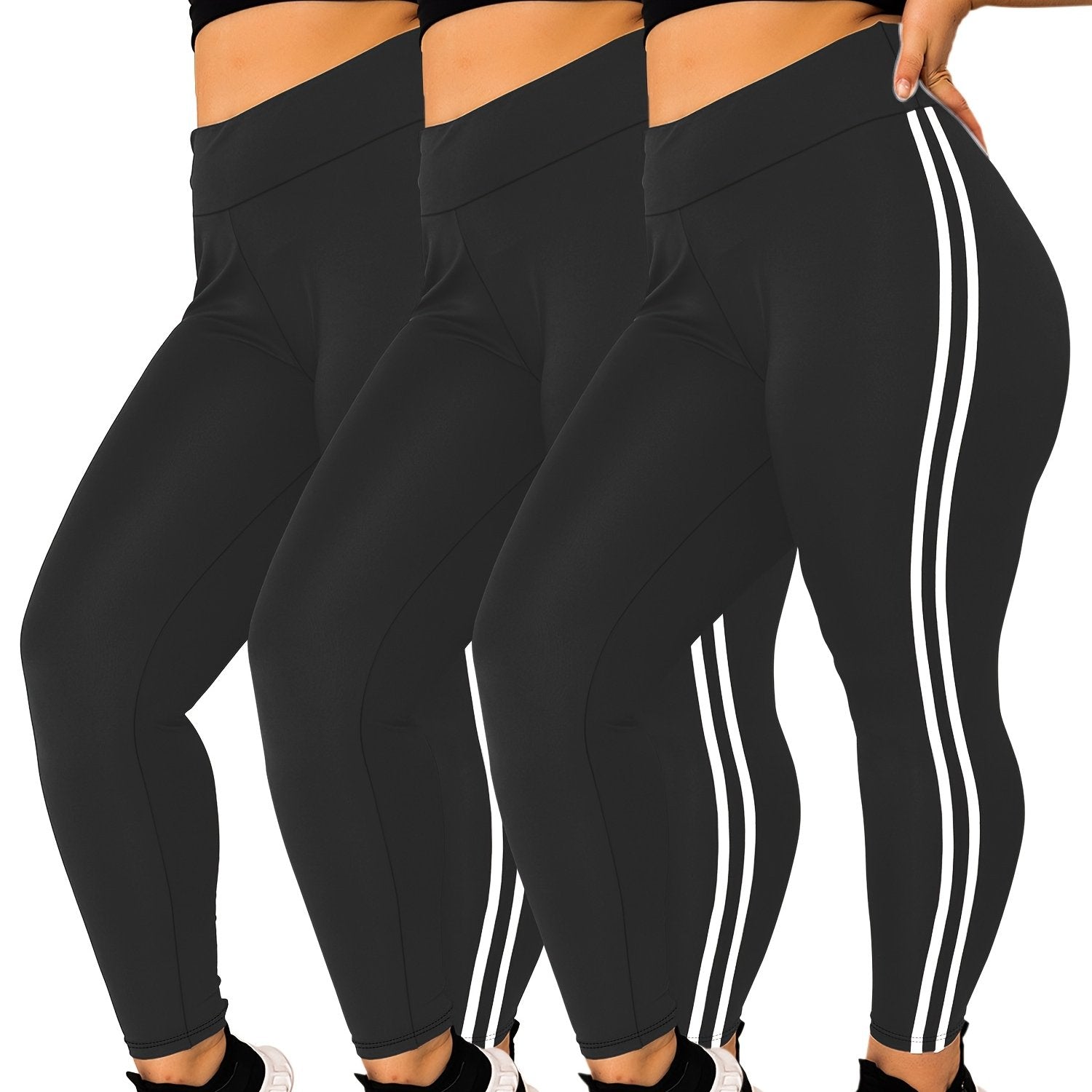 Plus Size High-Waisted Leggings 3-Pack with Side Stripes 4-Way Stretch