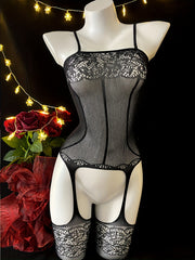 Women's Black Lace Bodysuit with Hollow-Out Design for Festivals and Beachwear