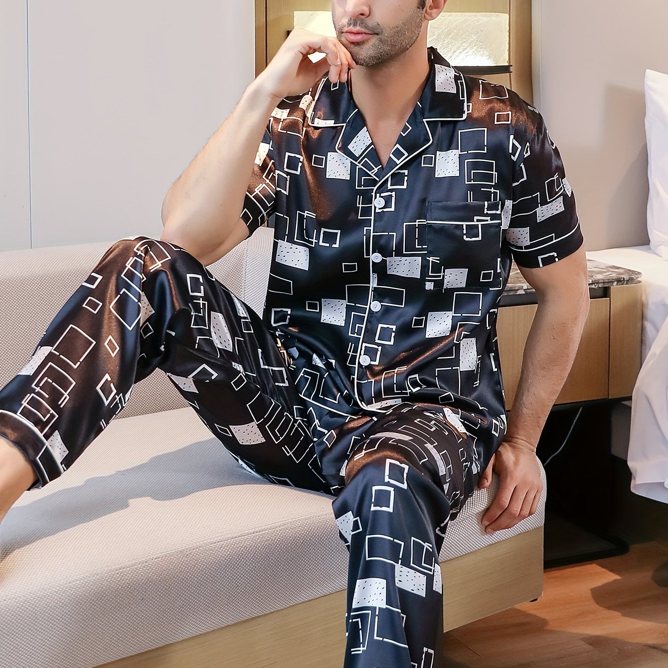 Men's Geometric Print Pajama Set with Short-Sleeve Top Long Pants and Summer Cardigan
