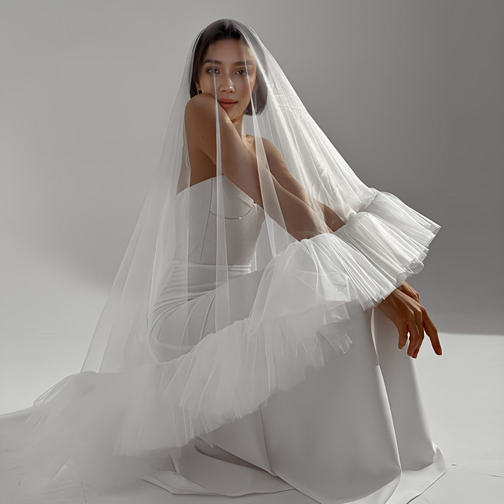 Velo de novia con ribete de volantes y borla, accesorio de boda de nylon transparente