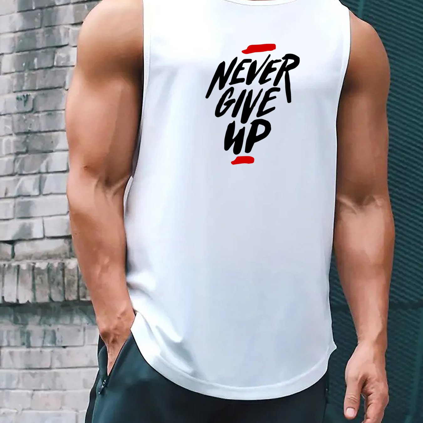Men's Summer Breathable Polyester Tank Top with "Never Give Up" Print for Workout and Basketball