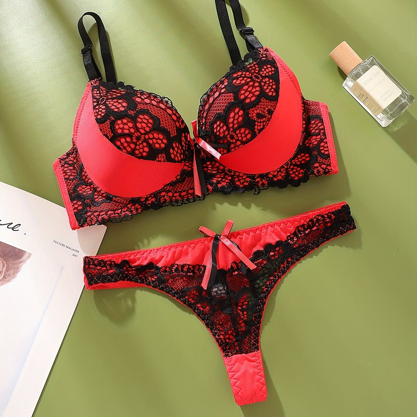 Lace Color Block Bralette Set with Matching Thong for Women B-Cup Medium Support