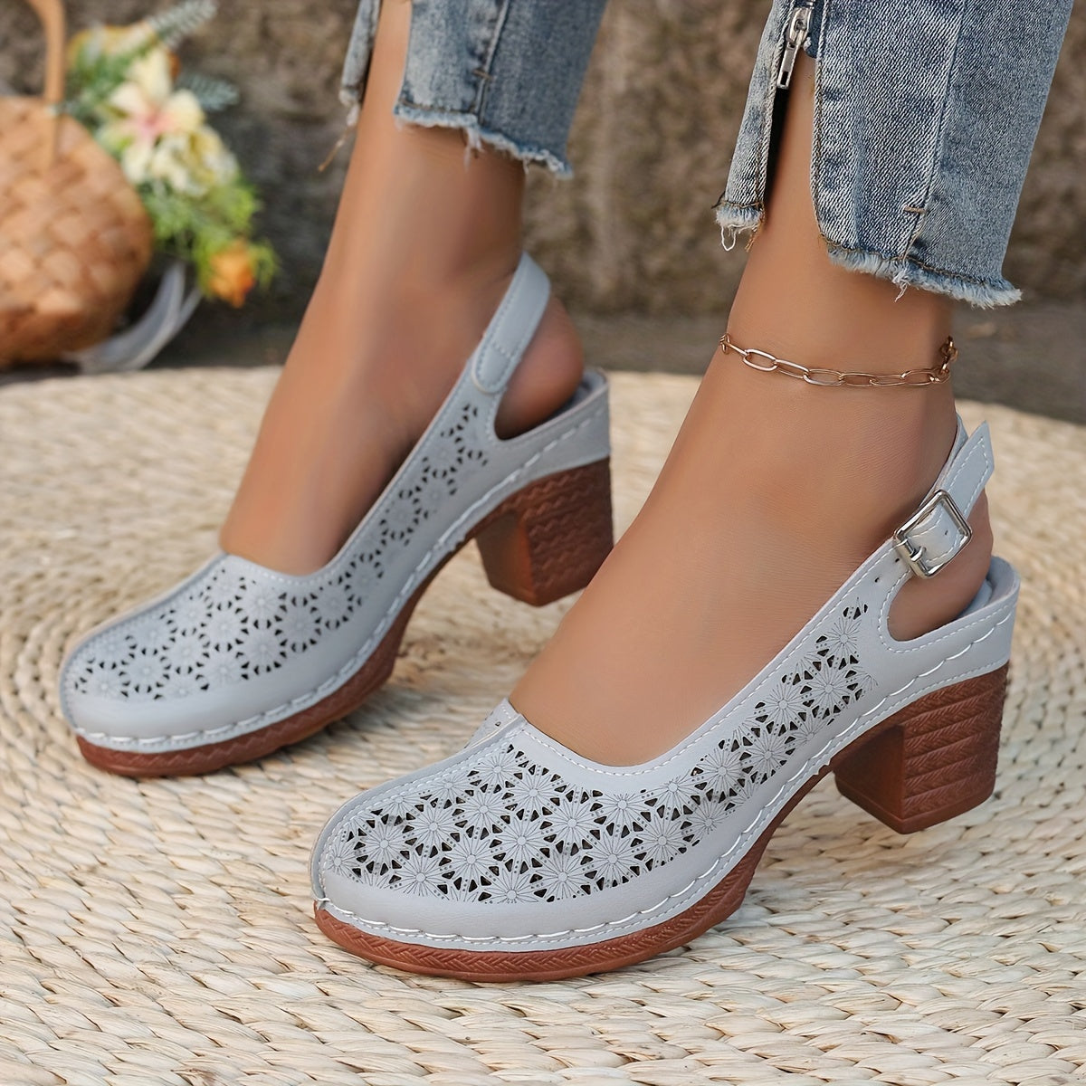 Women's High Heels Leather Closed Toe Strappy Chunky Heel Summer