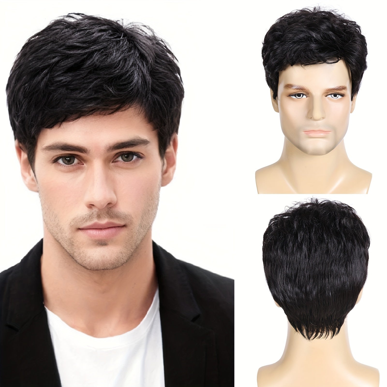 Black Men's Wig with Layered Natural Fluffy Synthetic Hair for Halloween Costumes