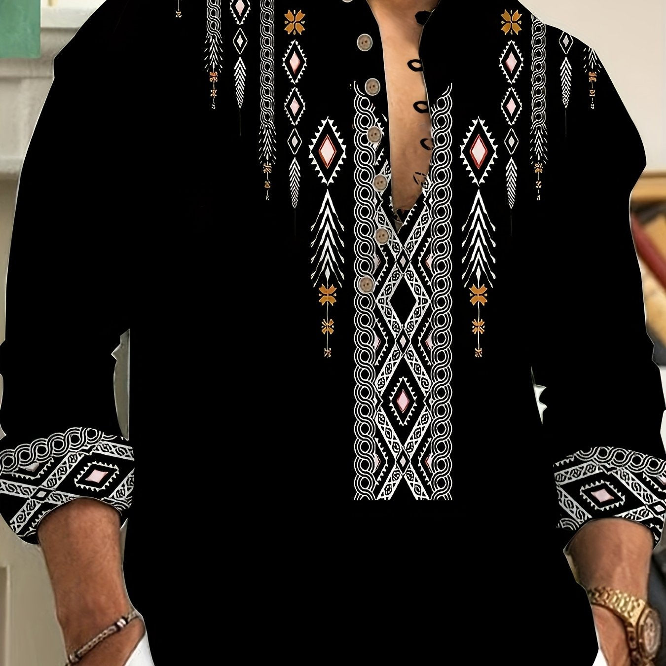 Men's Long Sleeve Striped Color Block Woven Shirt with Stand Collar