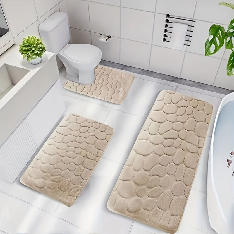 3-Piece Coral Fleece Bath Mat Set Non-Slip Geometric Pattern Machine Washable Bathroom Kitchen