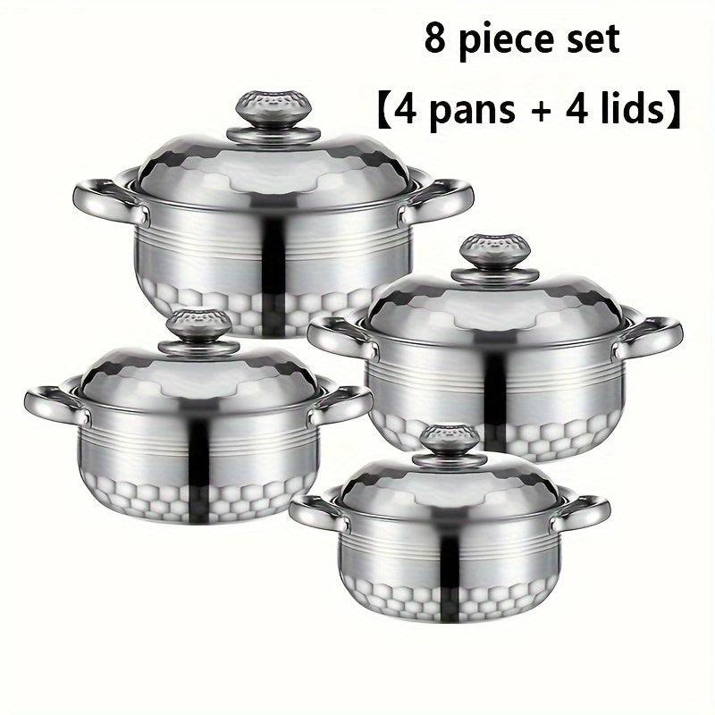 Juego de utensilios de cocina de acero inoxidable de 8 piezas con tapas, olla de sopa de doble asa, esenciales para la cocina