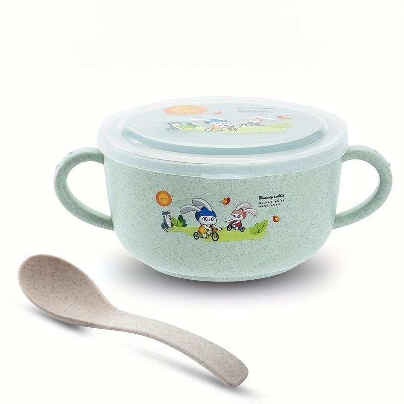 Kids Insulated Cartoon Bowl with Cutlery and Lid for Snacks and Fruits