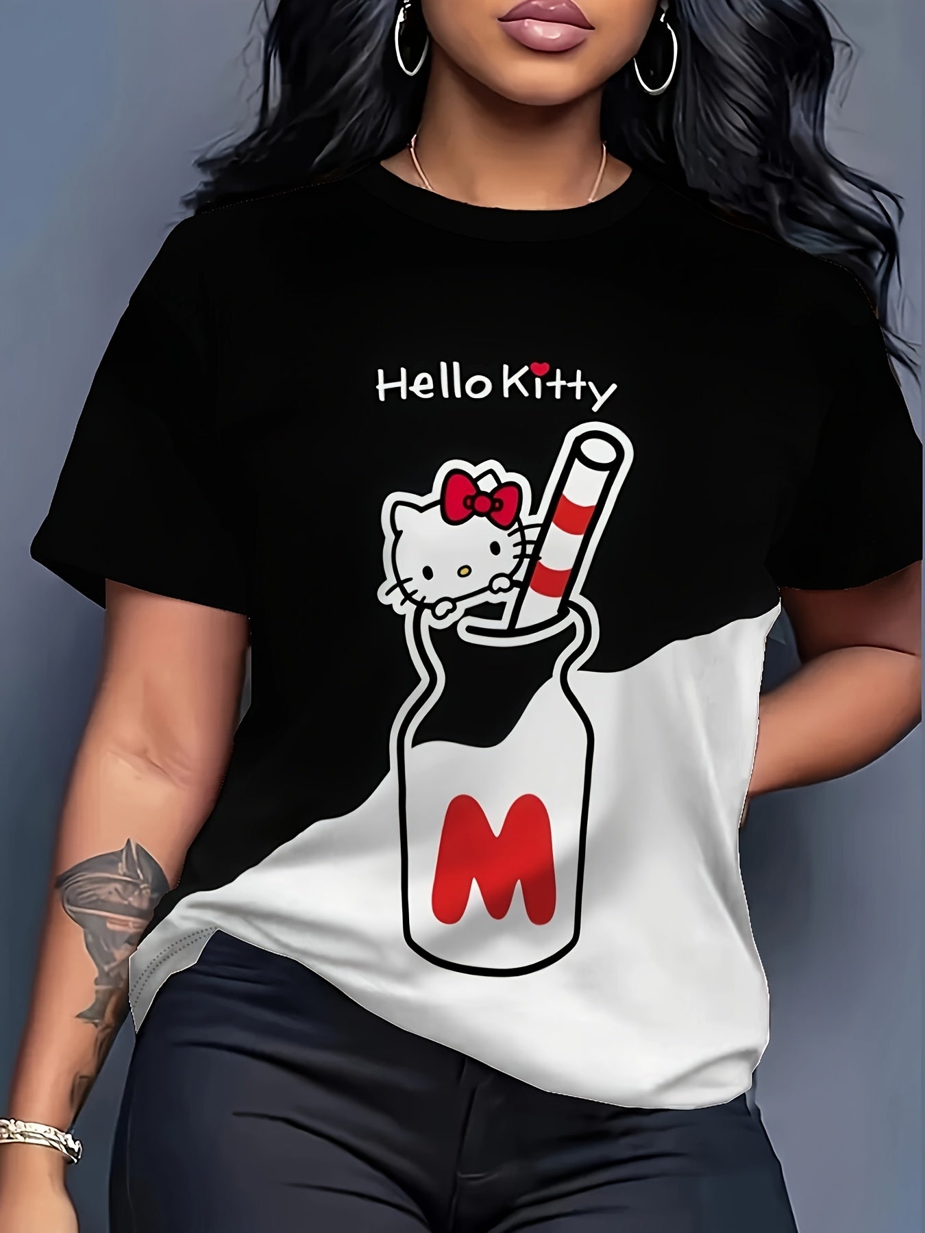 Plus Size Women's Black and White Graphic T-Shirt Casual Soft Breathable