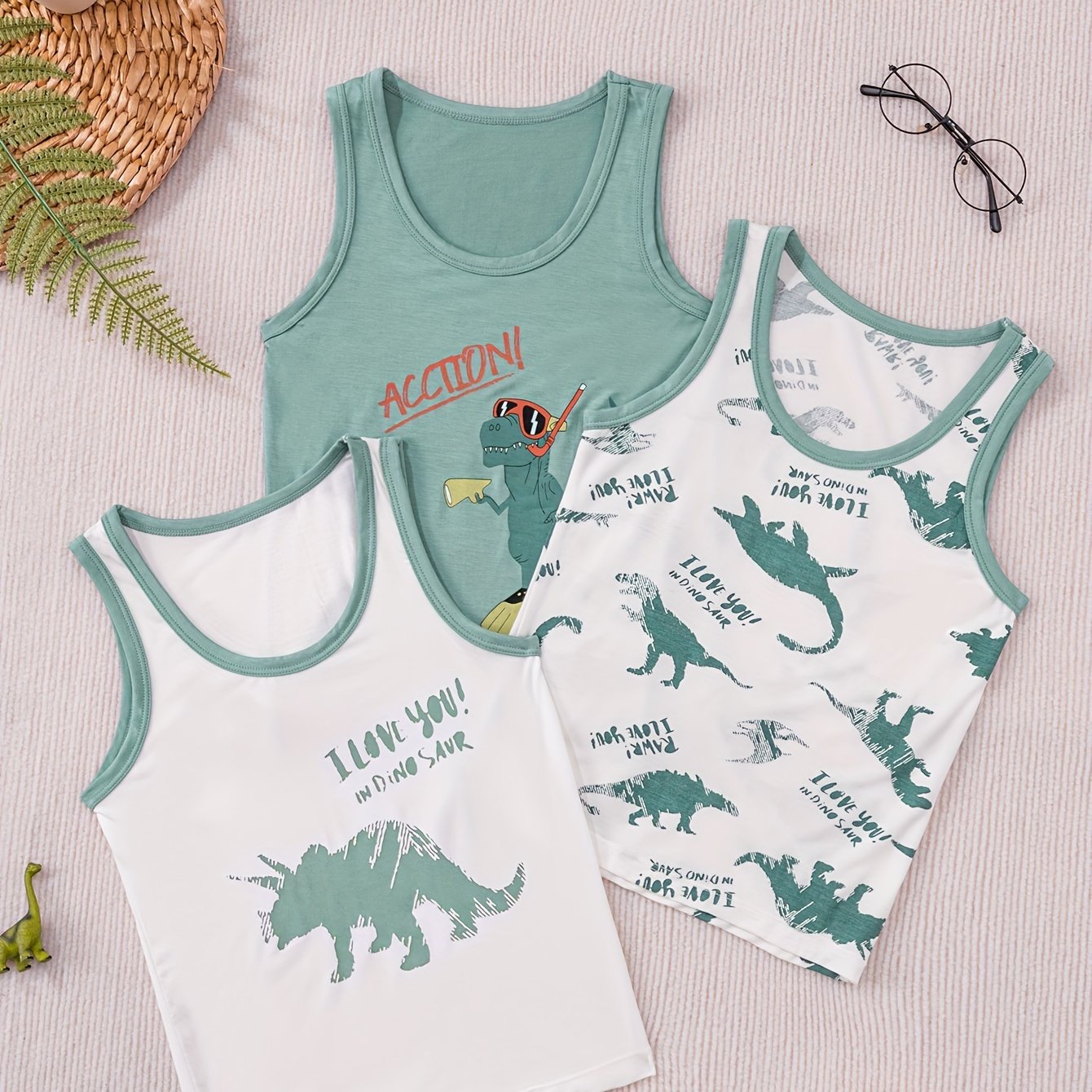 Children's Green Dinosaur Print Vest for Boys Breathable Cotton Skin-Friendly Resistant to Pilling Fading