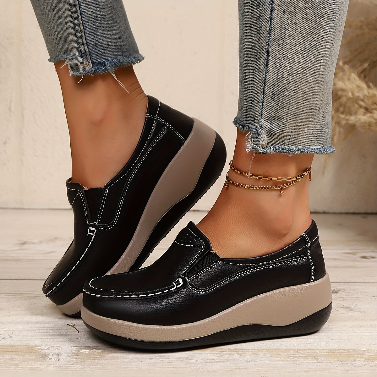 Women's Wedge Loafers Leather Comfortable Elegant Footwear