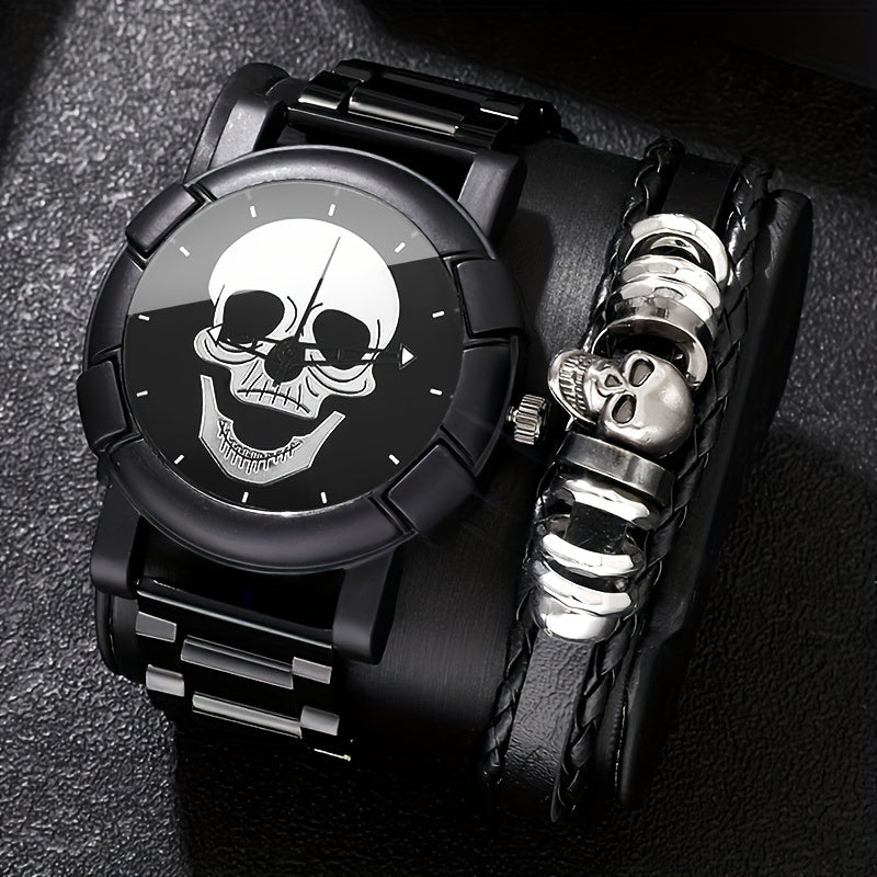 Men's Quartz Wristwatch and Bracelet Set with Skull Dial and Leather Band