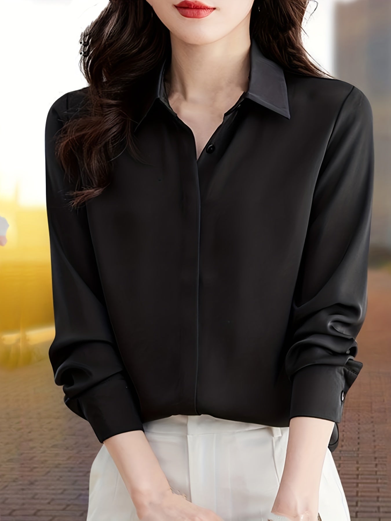 Women's Black Long Sleeve Shirt Polyester Solid Color Fall Spring Summer