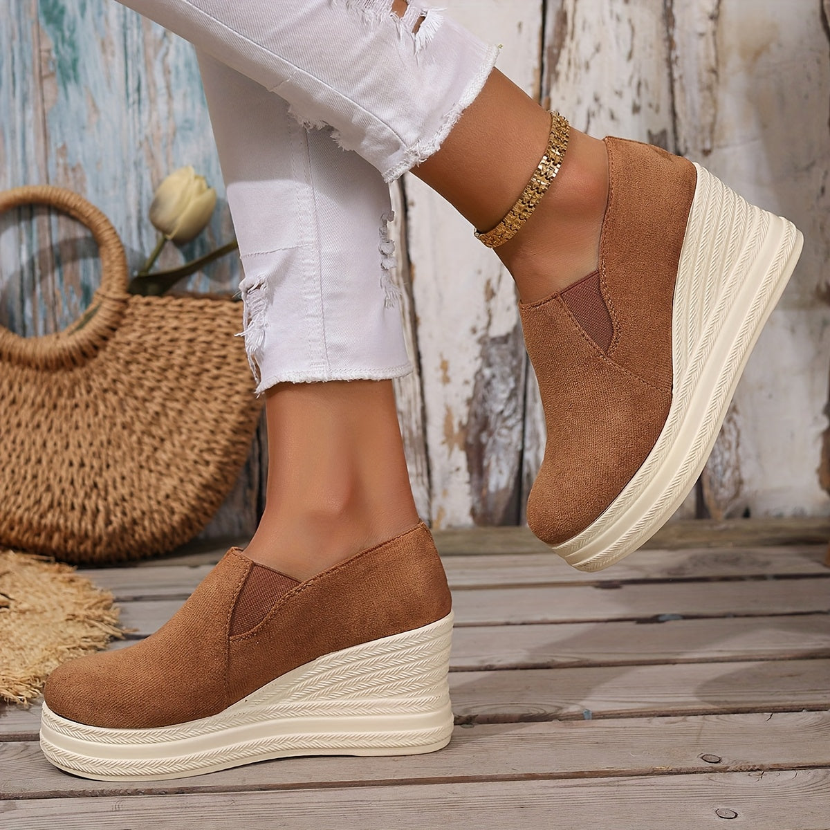 Women's Wedge Platform Flats Faux Straw Rope Sole Fashion Shoes