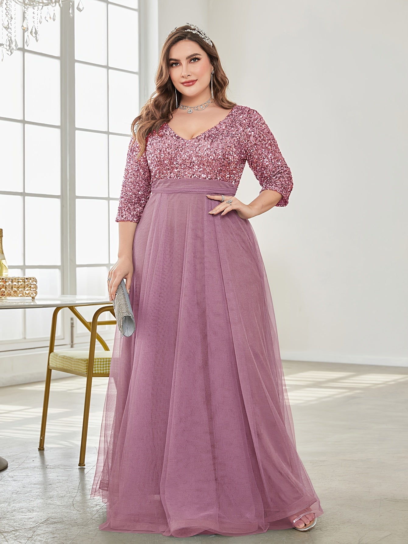 Plus Size Sequin Stitching Wedding Bridesmaid Long Dress Tulle Skirt