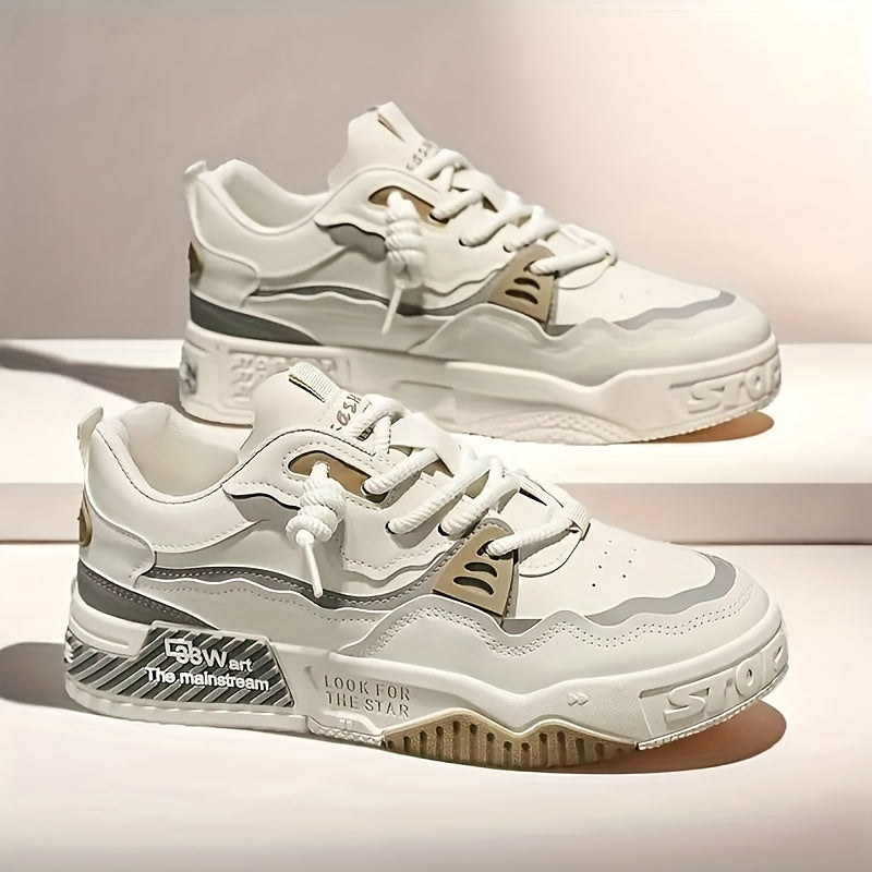 Erkaklar uchun vintage uslubidagi tasodifiy sport krossovkalari, dumaloq barmoq, bog'ichli dizayn, mato astar va barcha mavsumlarda skeytbord uchun PVC taglik.