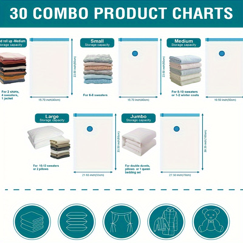 Vacuum Storage Bags Set 30 Pieces with Various Sizes for Clothes Bedding and Quilts
