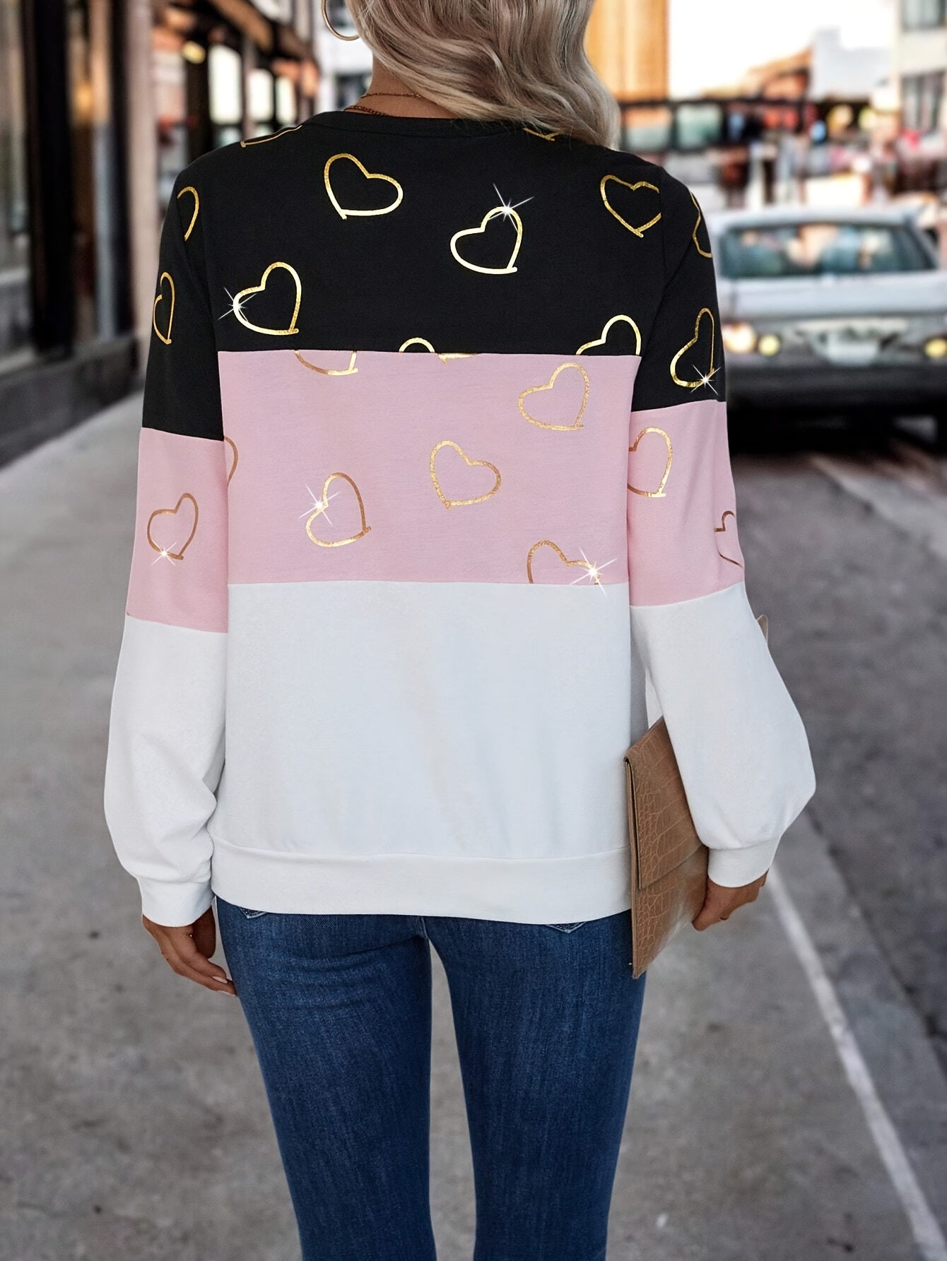 Plus Size Heart Print Sweatshirt Long Sleeve Color Block Zipper Pullover for Women