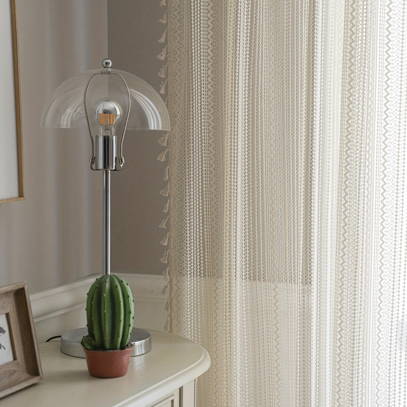 Beige Crochet Fringe Curtain UV Protection Rod Pocket for Living Room Bedroom