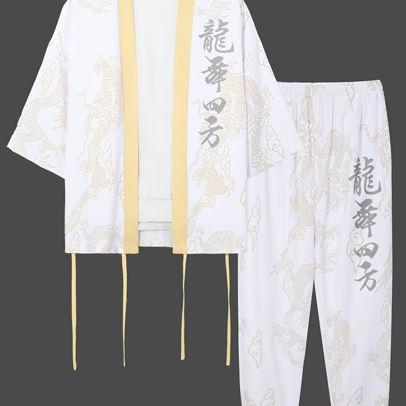 Men's Dragon Print Kimono Robe Set Casual Polyester Loungewear with Matching Pants for Spring Autumn
