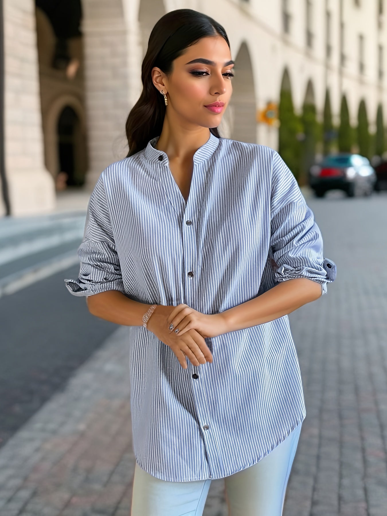 Women's Striped Woven Cotton Blend Shirt with Drop Shoulders and V-Neck