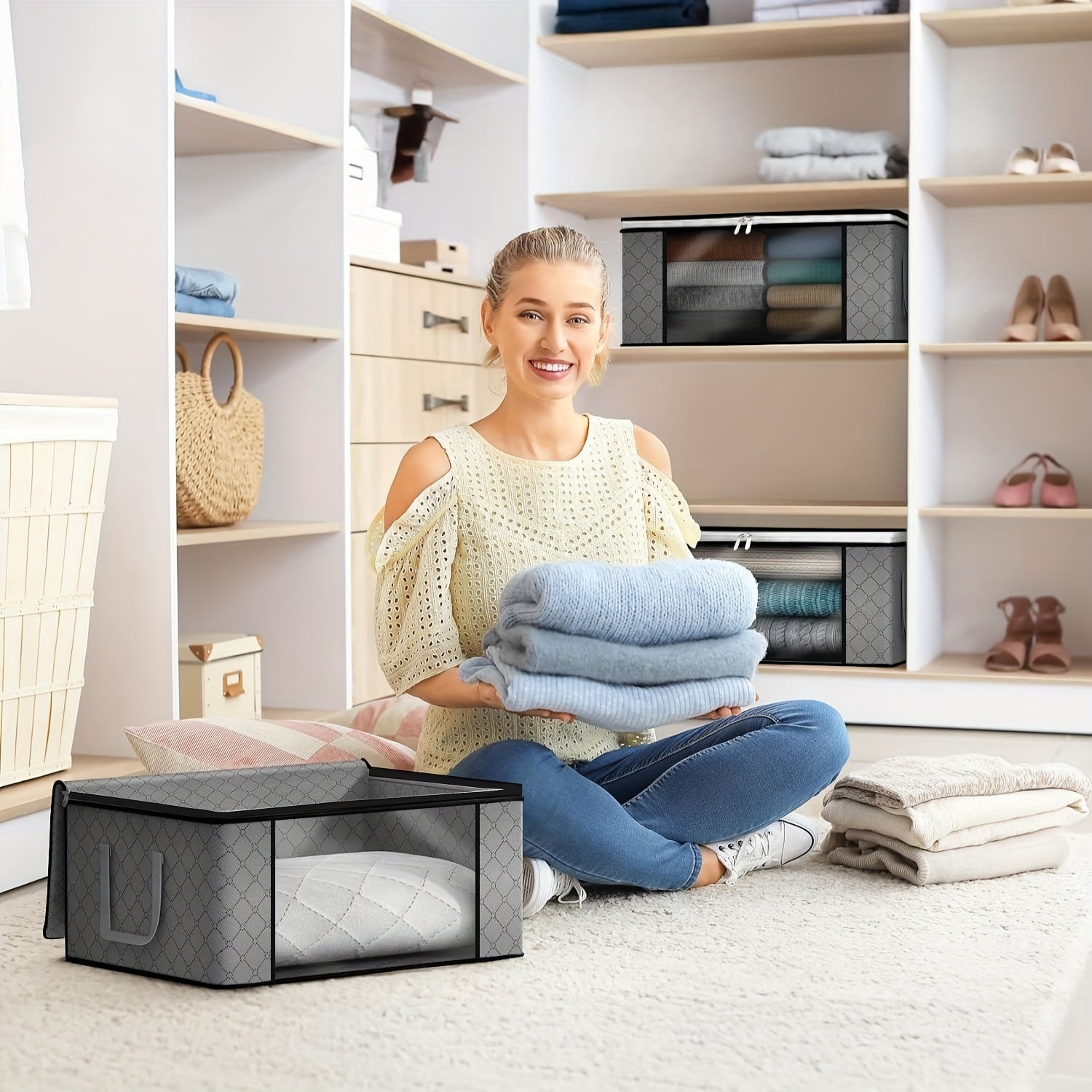 Large Grey Storage Container with Padded Cover for Closet Bedroom Travel