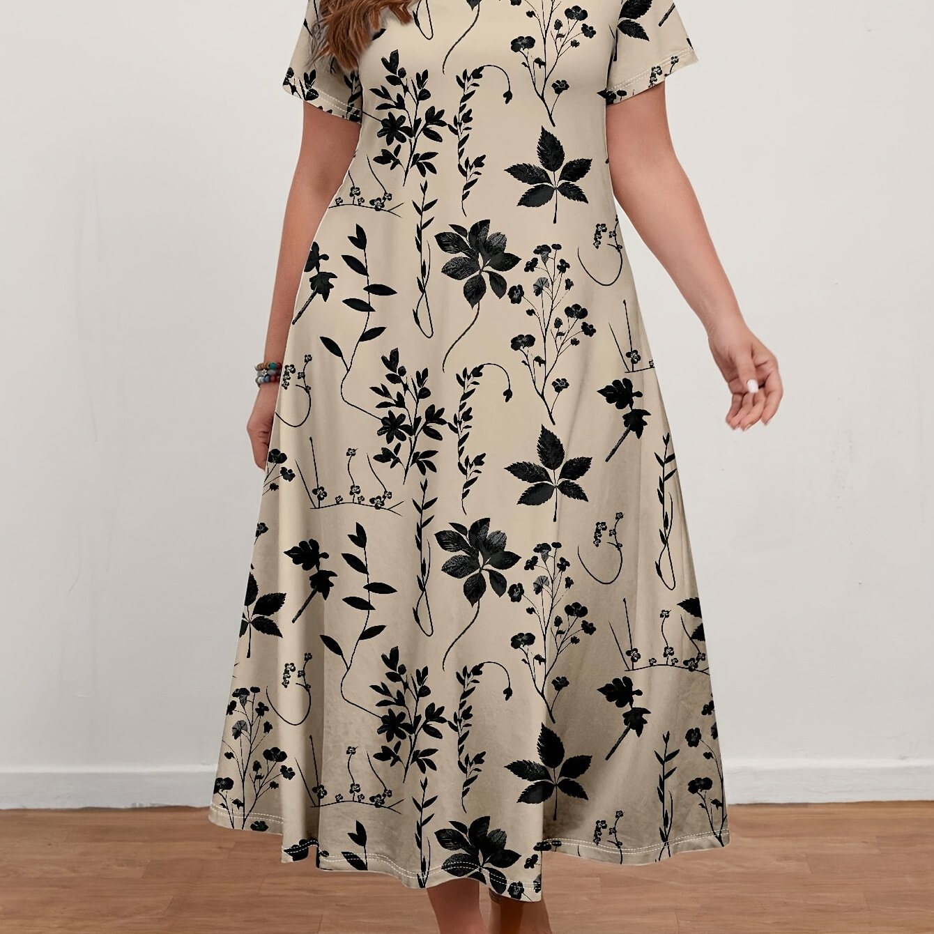 Plus Size Floral V-Neck Maxi Dress for Women Black and White Lightweight Polyester Spring Autumn