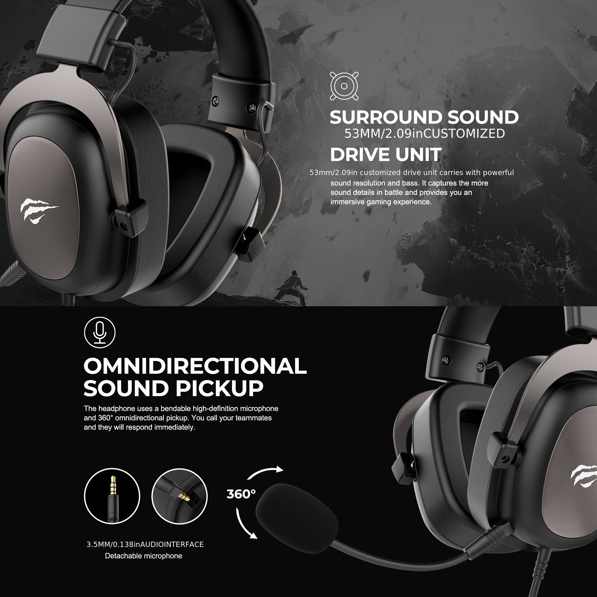 Gaming Headset with Protein Leather Earmuffs Detachable Microphone Surround Sound Adjustable Headband