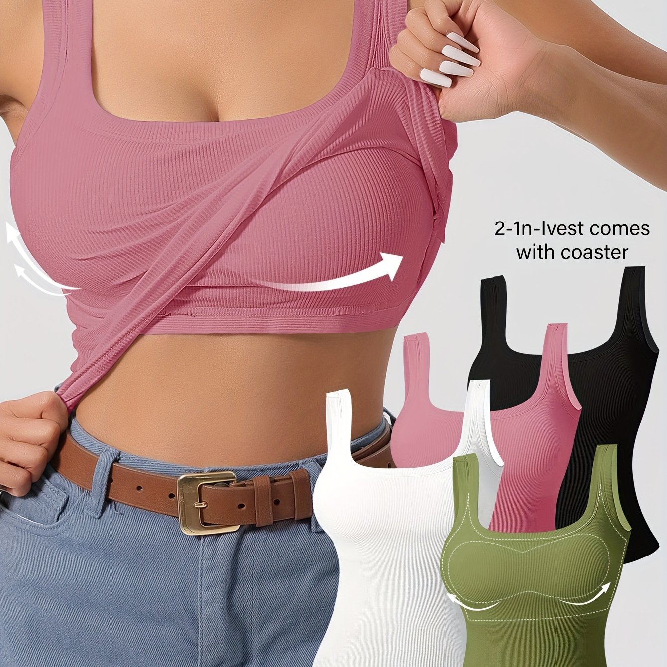 Tops de tirantes con espalda en U para mujer con almohadillas removibles, ajuste delgado, color sólido, mezcla de rayón transpirable