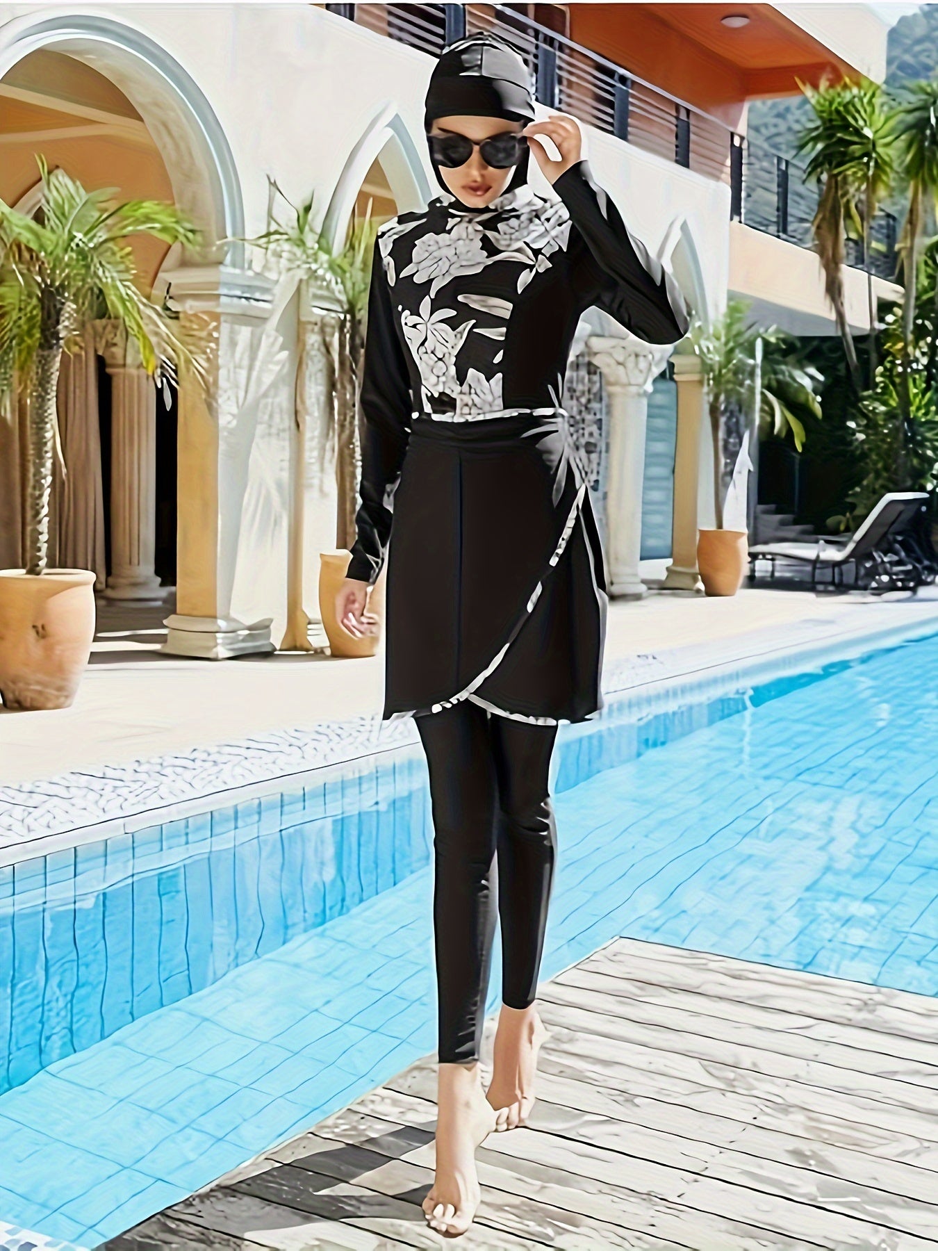 Muslim Three-Piece Swimsuit Full Coverage Sunscreen Print Polyester Beachwear