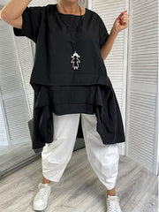 Plus Size Women's Casual Loose-Fit Cropped Short Sleeve Top Black Multi-Layer Hem